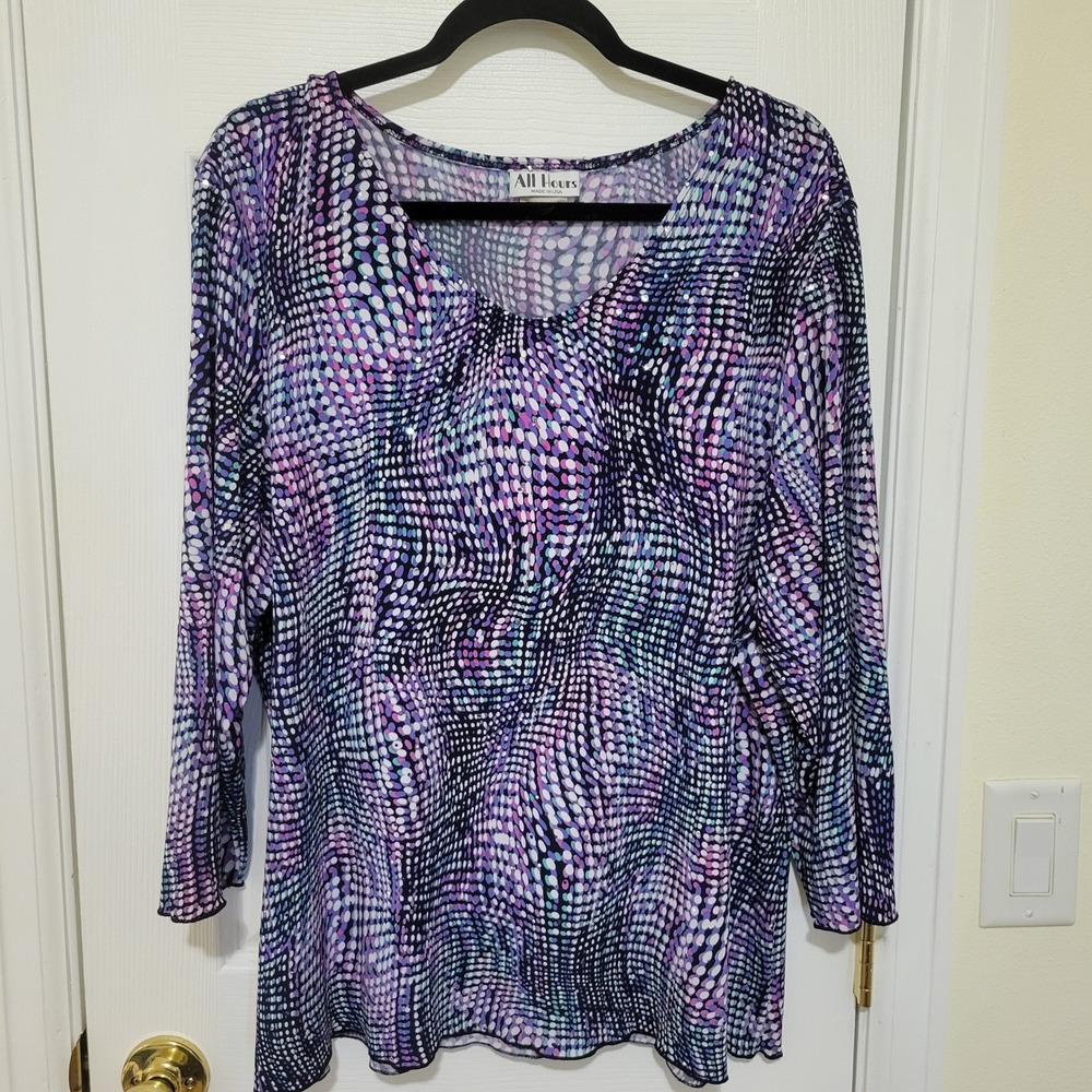 All Hours Womens XXL Purple Blue Abstract Dot Sequin Blouse 3/4 Sleeve‎ Top USA